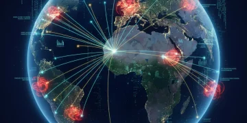 Mapa global interconectado de la cadena de suministro española en 2026, mostrando rutas comerciales y flujos de datos.