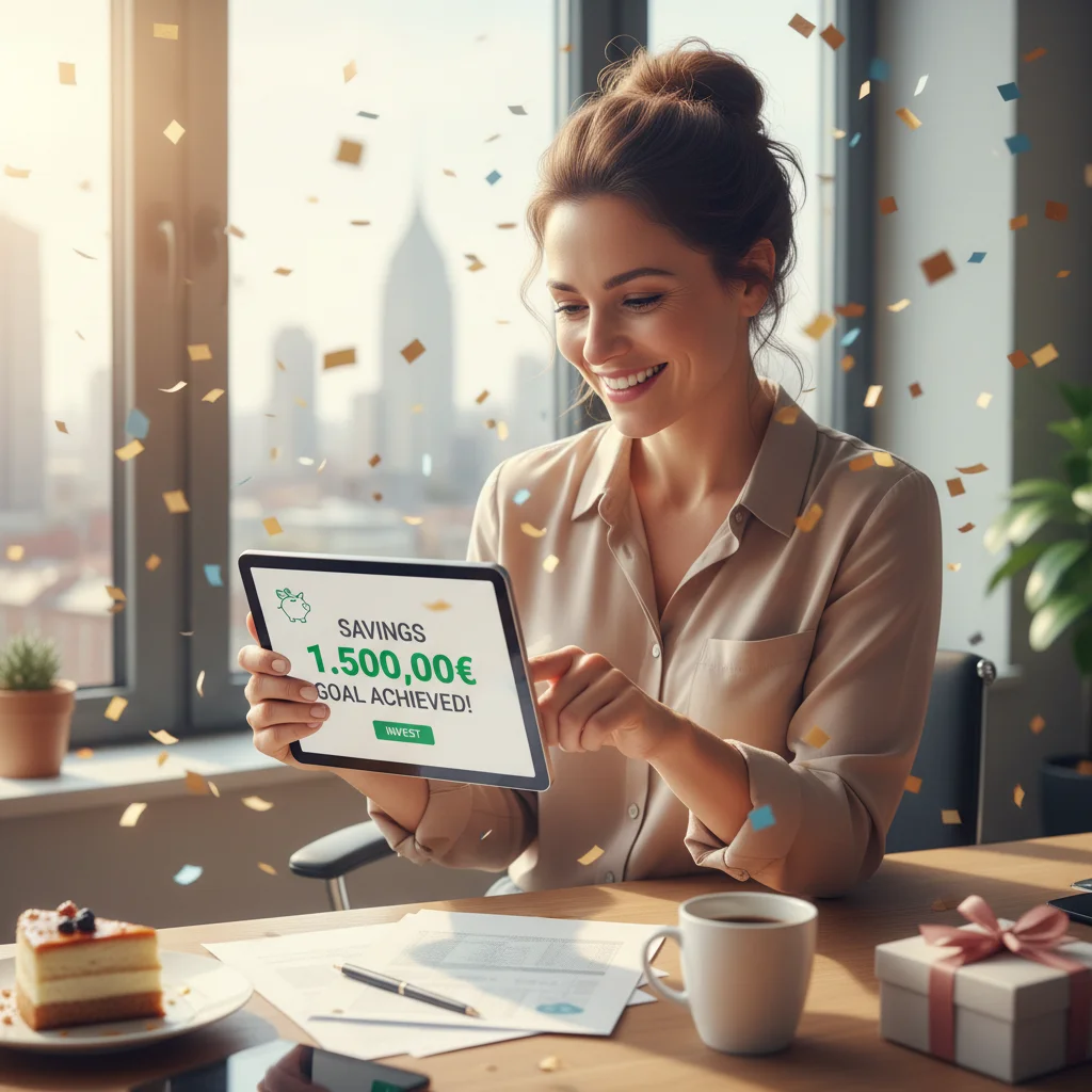 Persona celebrando el logro de su meta de ahorro de 1.500 euros, mostrando satisfacción y éxito financiero.