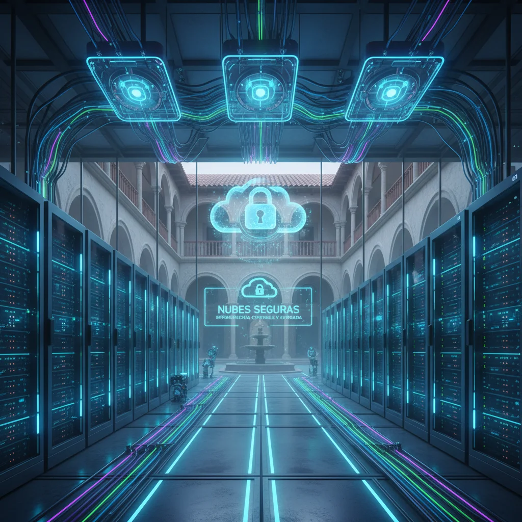 Centro de datos seguro con servidores iluminados, representando la ciberseguridad y el cloud computing en un entorno español.