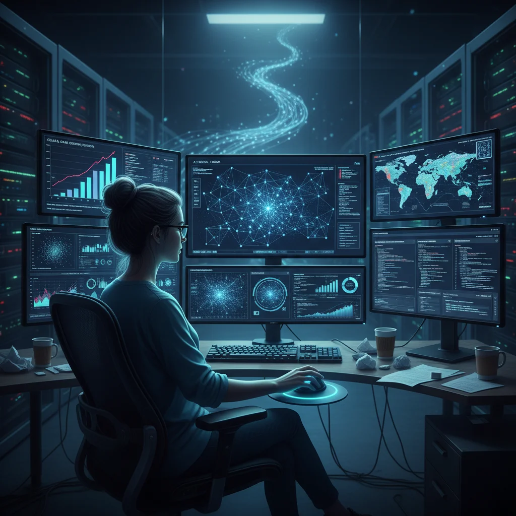 Científico de datos analizando grandes volúmenes de información en pantallas múltiples
