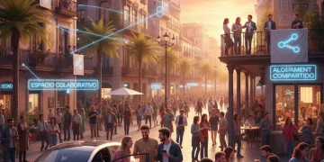 Ciudad española vibrante con personas interactuando y utilizando servicios de economía colaborativa.