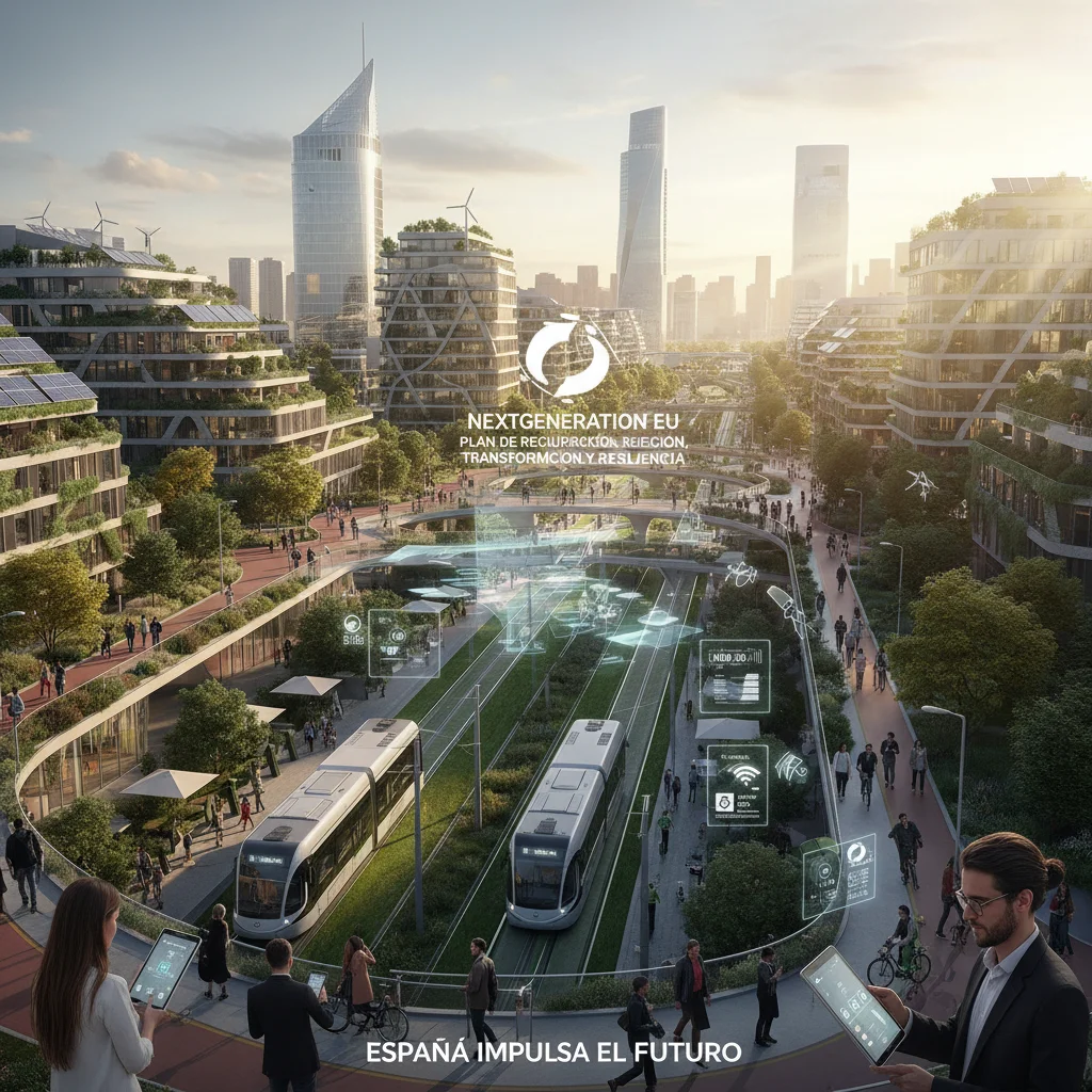 Paisaje urbano español moderno y sostenible, reflejando el impacto de inversiones en digitalización y transición ecológica.