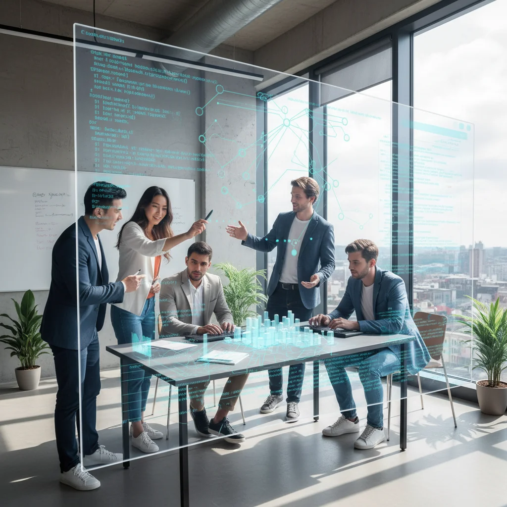 Equipo de profesionales tecnológicos colaborando en un proyecto de innovación digital.