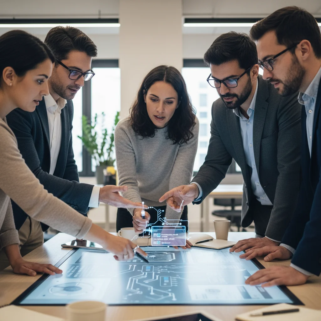 Equipo de profesionales españoles colaborando en un proyecto digital complejo.