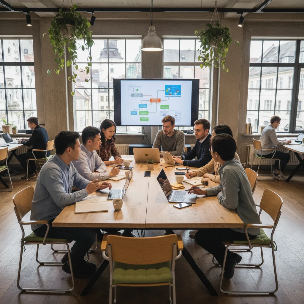 Equipo de trabajo internacional colaborando en un espacio de coworking en Europa.