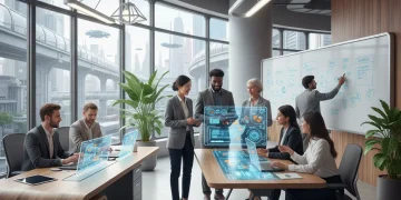 Profesionales colaborando en un entorno moderno que representa el futuro del trabajo y las soft skills.