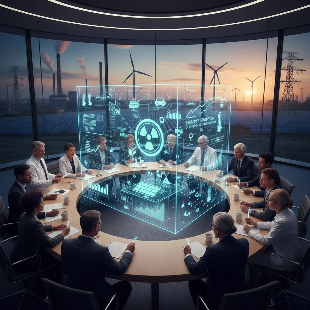 Grupo de personas colaborando en un plan estratégico sobre energía, simbolizando la cooperación para la transición energética.