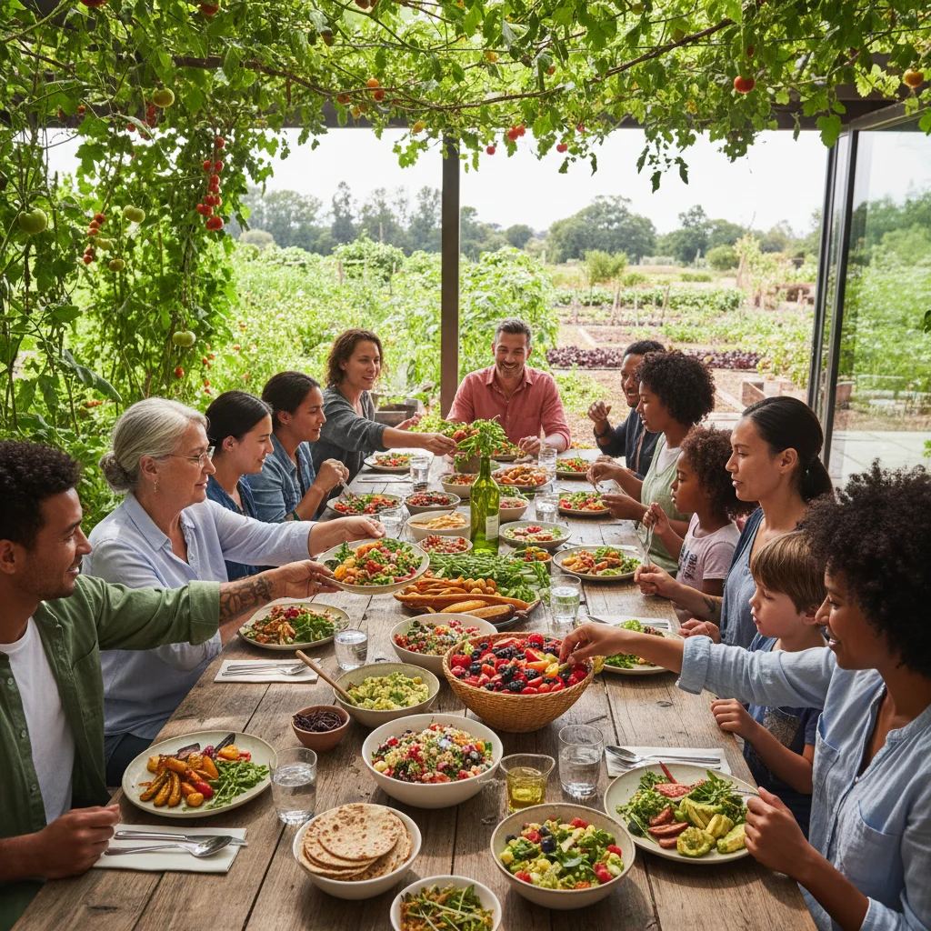 Grupo diverso de personas compartiendo una comida saludable y basada en plantas en un entorno comunitario, destacando la alimentación consciente.