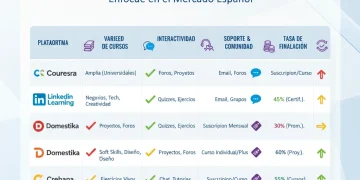 Tabla comparativa de plataformas e-learning profesionales, destacando características y tasas de finalización.