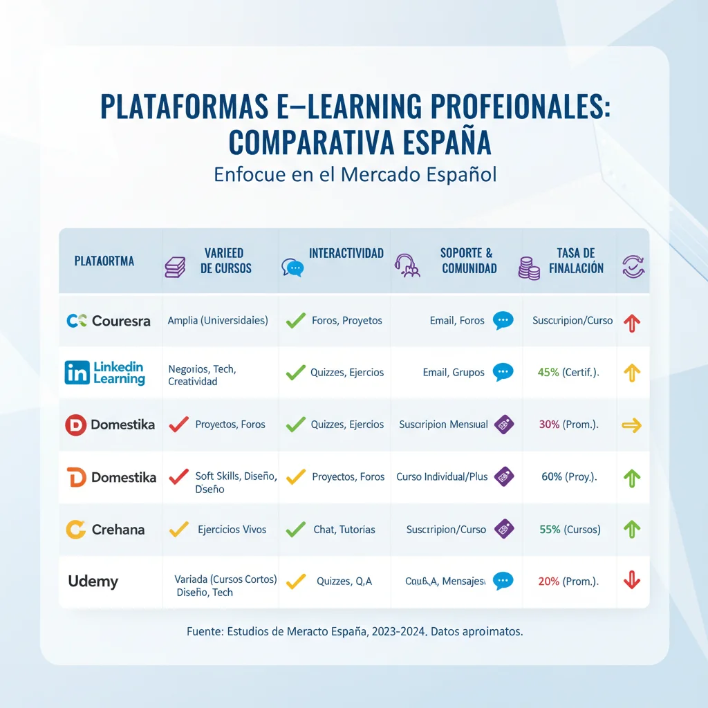 Tabla comparativa de plataformas e-learning profesionales, destacando características y tasas de finalización.