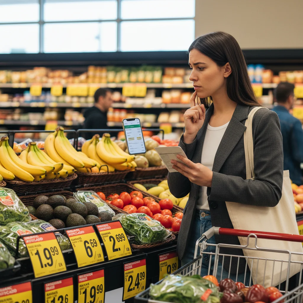 Persona comprando en supermercado, eligiendo productos con precios