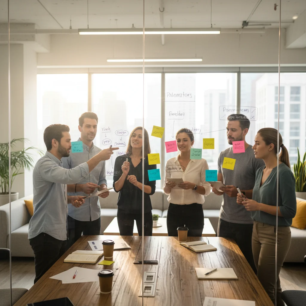 Equipo diverso en una sesión de brainstorming, comunicándose eficazmente y fomentando la creatividad.