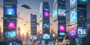 Paisaje urbano futurista de Madrid con pantallas holográficas mostrando streaming y publicidad digital, representando el consumo de medios en España en 2026.