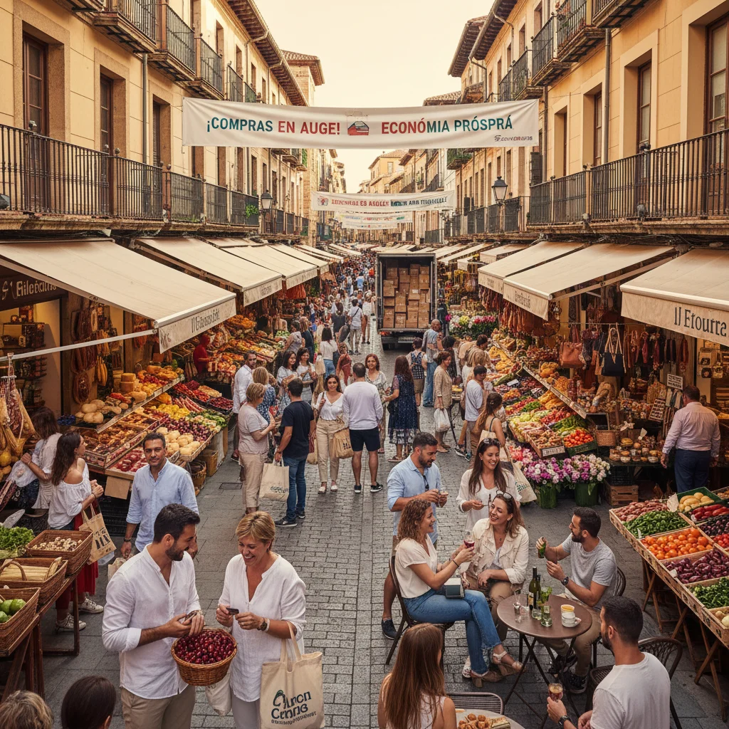 Calle de mercado con gente comprando, reflejando el impulso del consumo por el salario mínimo.