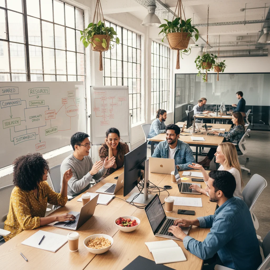 Personas colaborando en un espacio de coworking, simbolizando el modelo de negocio colaborativo.
