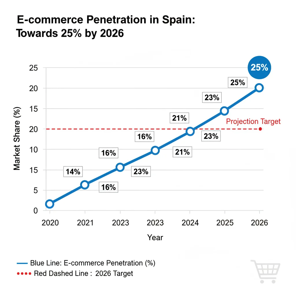 Gráfico de crecimiento del e-commerce en España hacia el 25% en 2026
