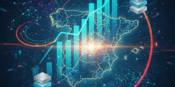 Gráfico ascendente sobre mapa de España con elementos tecnológicos representando crecimiento económico impulsado por la tecnología.