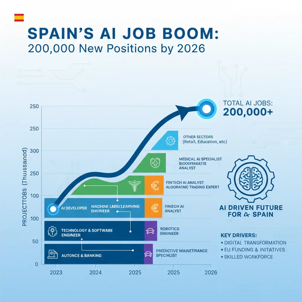 Gráfico de proyección de crecimiento de empleos relacionados con IA en España hasta 2026, mostrando sectores clave.