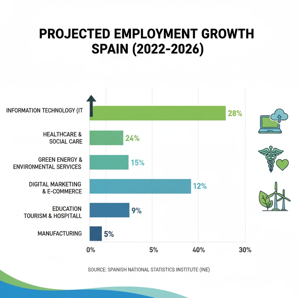 Gráfico de barras mostrando el crecimiento proyectado de empleo por sectores en España hasta 2026.
