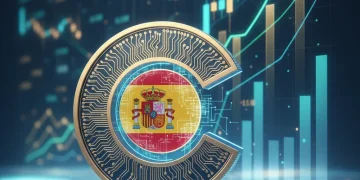 Moneda digital con la bandera española, gráficos financieros de crecimiento y un gráfico de análisis de mercado que simboliza la inversión en criptomonedas en España.