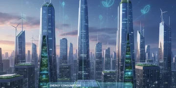 Crisis Energética 2026: Plan del Gobierno Español para Reducir Consumo un 10% Ilustración digital de una ciudad futurista con fuentes de energía renovable, representando la estrategia de ahorro energético de España para 2026.