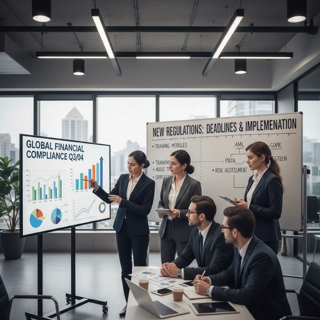 Profesionales discutiendo normativas financieras en una oficina, con gráficos y términos legales.