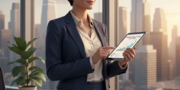 Mujer profesional planificando su desarrollo de carrera para 2026 en una oficina moderna.