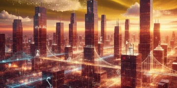 Paisaje digital vibrante representando la economía española en transformación.