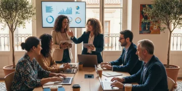 Empresarios españoles colaborando con tecnología digital, simbolizando la digitalización de PYMES.