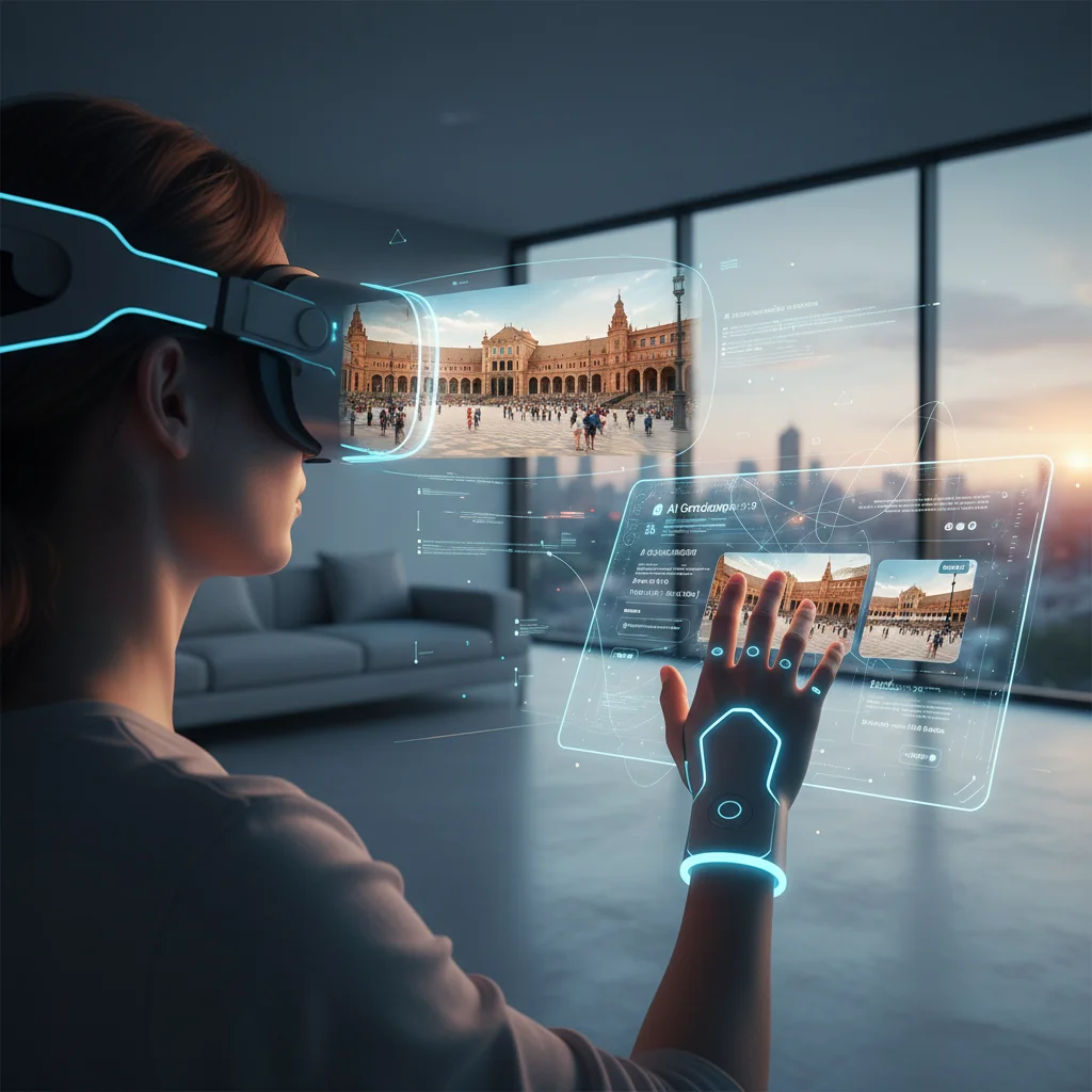 Persona utilizando tecnología de realidad virtual para explorar destinos turísticos españoles.