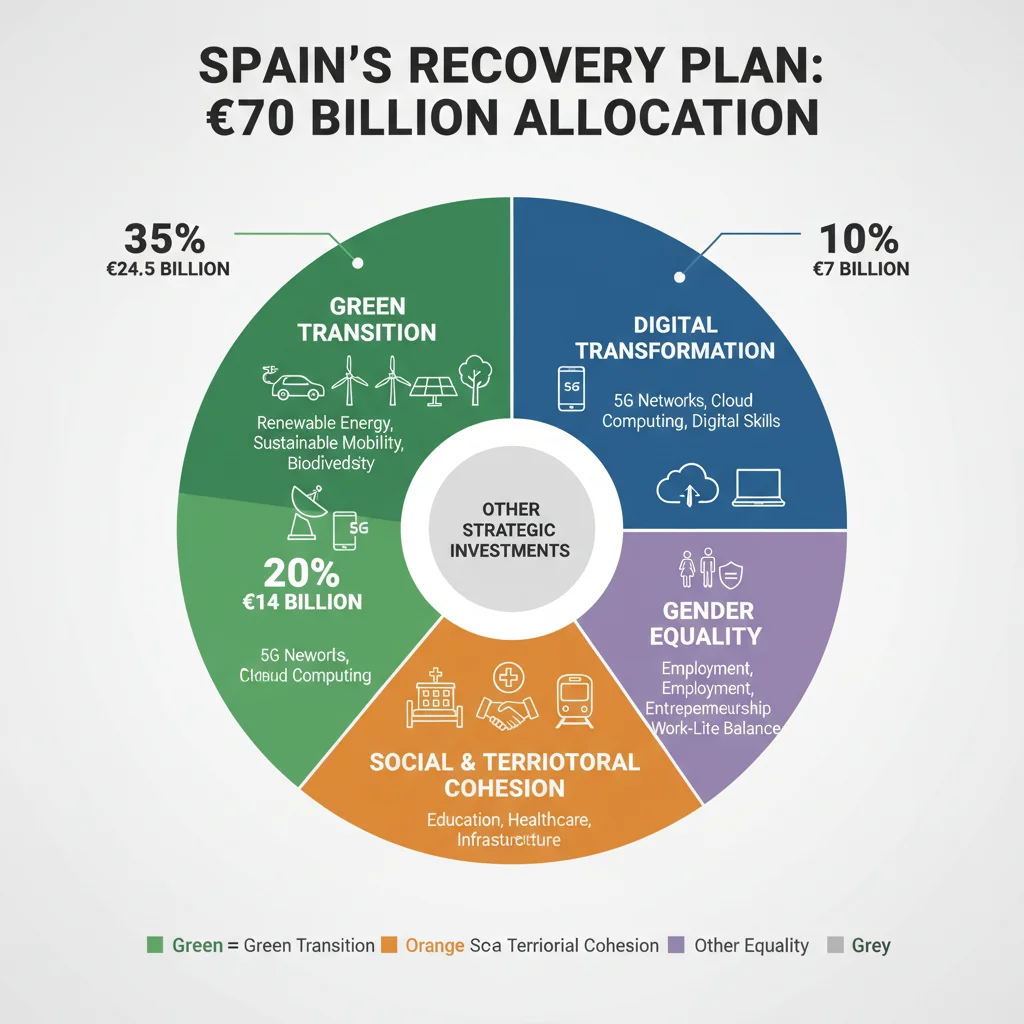 Infografía detallada de la distribución de los 70.000 millones del Plan de Recuperación español por ejes estratégicos.