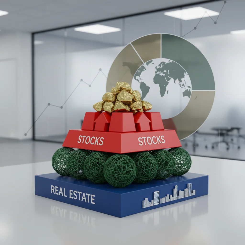 Representación visual de una cartera de inversiones diversificada, mostrando diferentes tipos de activos.