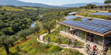 Paisaje español con un eco-hotel y turistas, simbolizando el turismo sostenible en España.