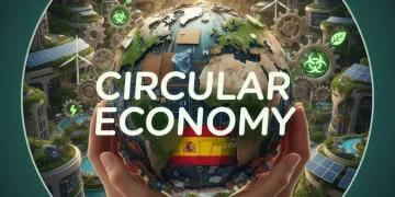 Manos sosteniendo un globo de materiales reciclados, simbolizando la economía circular en España con un futuro sostenible.