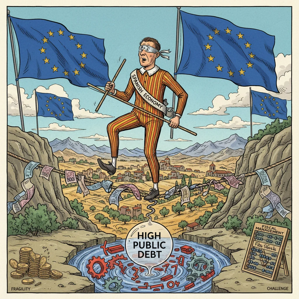 Metáfora visual de la economía española en la cuerda floja por la deuda pública, con banderas de la UE.