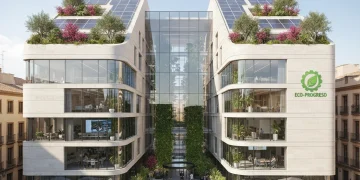 Edificio empresarial moderno en España con elementos sostenibles y empleados colaborando.