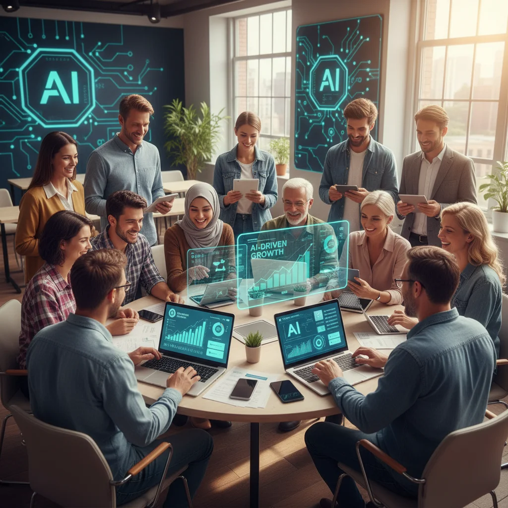 Grupo de personas diversas sonriendo mientras revisan informes financieros en dispositivos, representando el empoderamiento financiero con IA.