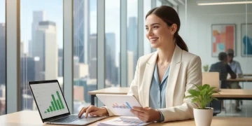 Mujer emprendedora feliz revisando documentos financieros para su negocio