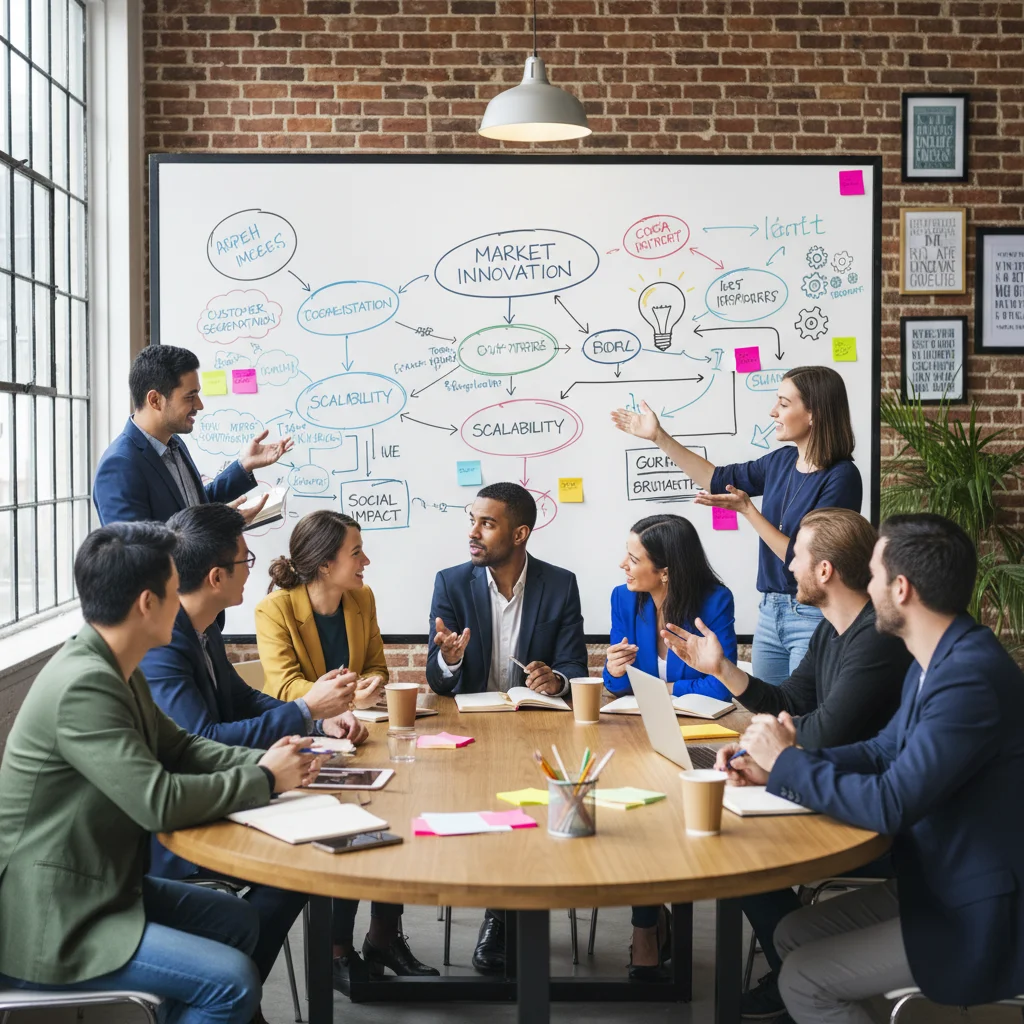 Grupo de emprendedores colaborando y discutiendo estrategias de negocio