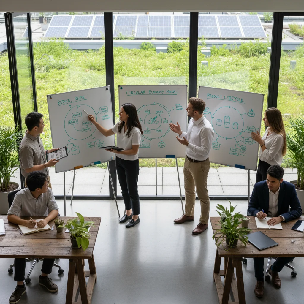 Emprendedores colaborando en un proyecto de negocio sostenible y economía circular en una oficina moderna.