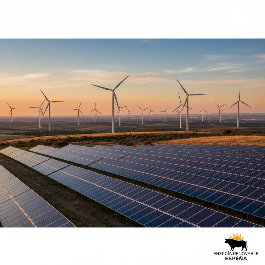 Parque eólico y paneles solares, representando la inversión en energías renovables en España.