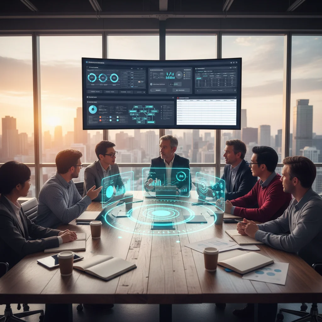 Equipo de profesionales colaborando en un proyecto con herramientas de análisis de datos.