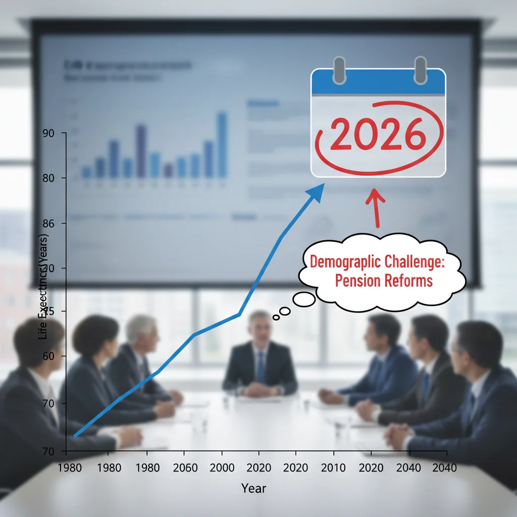 Gráfico de esperanza de vida en España con calendario de 2026, representando el desafío demográfico.