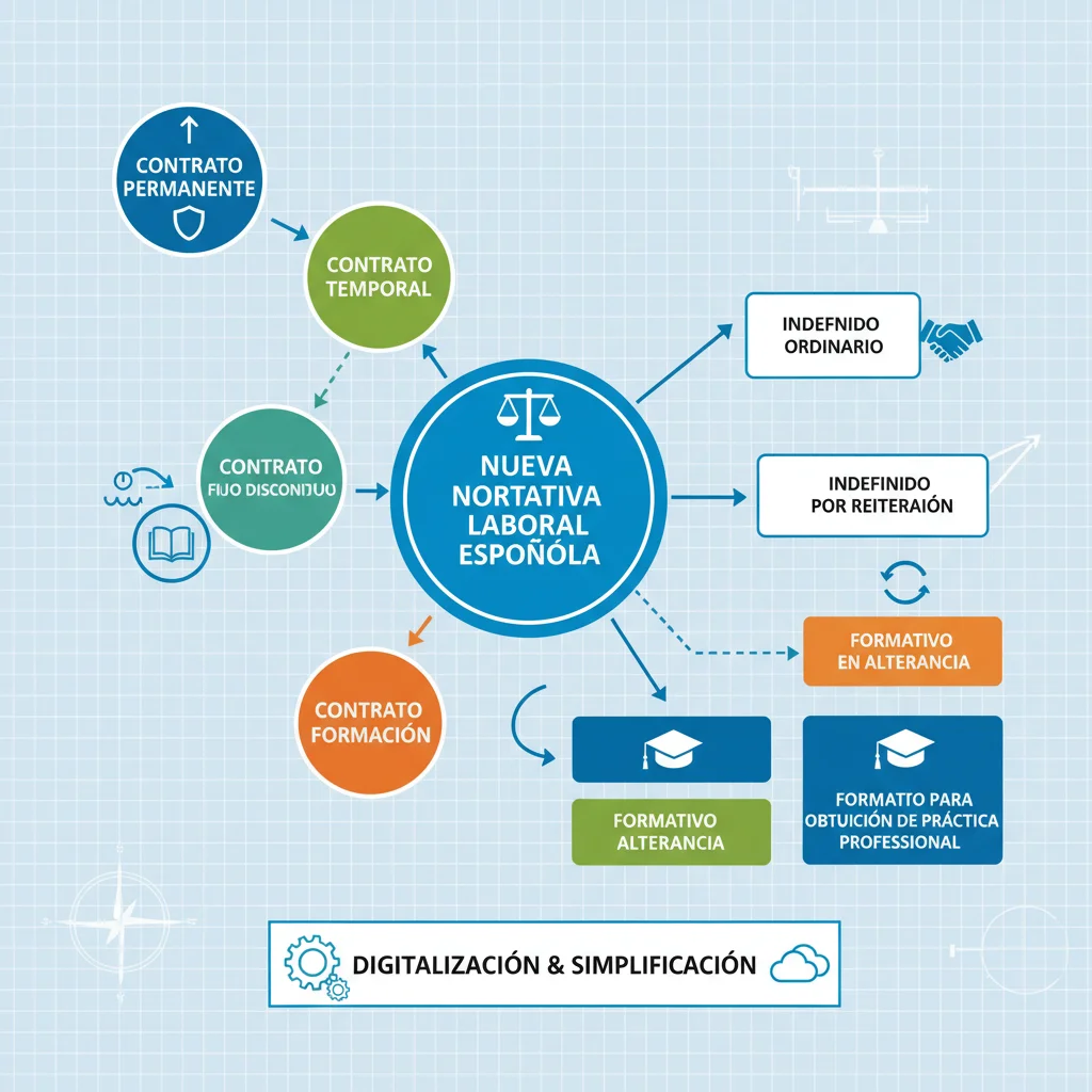 Esquema visual de los nuevos contratos laborales: indefinido, fijo-discontinuo y formativo en España.