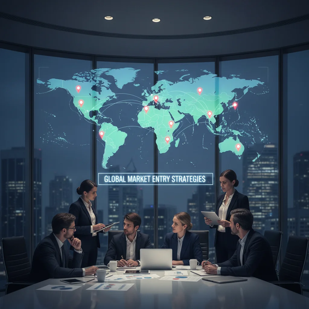 Equipo empresarial planificando estrategias para la entrada en mercados internacionales.