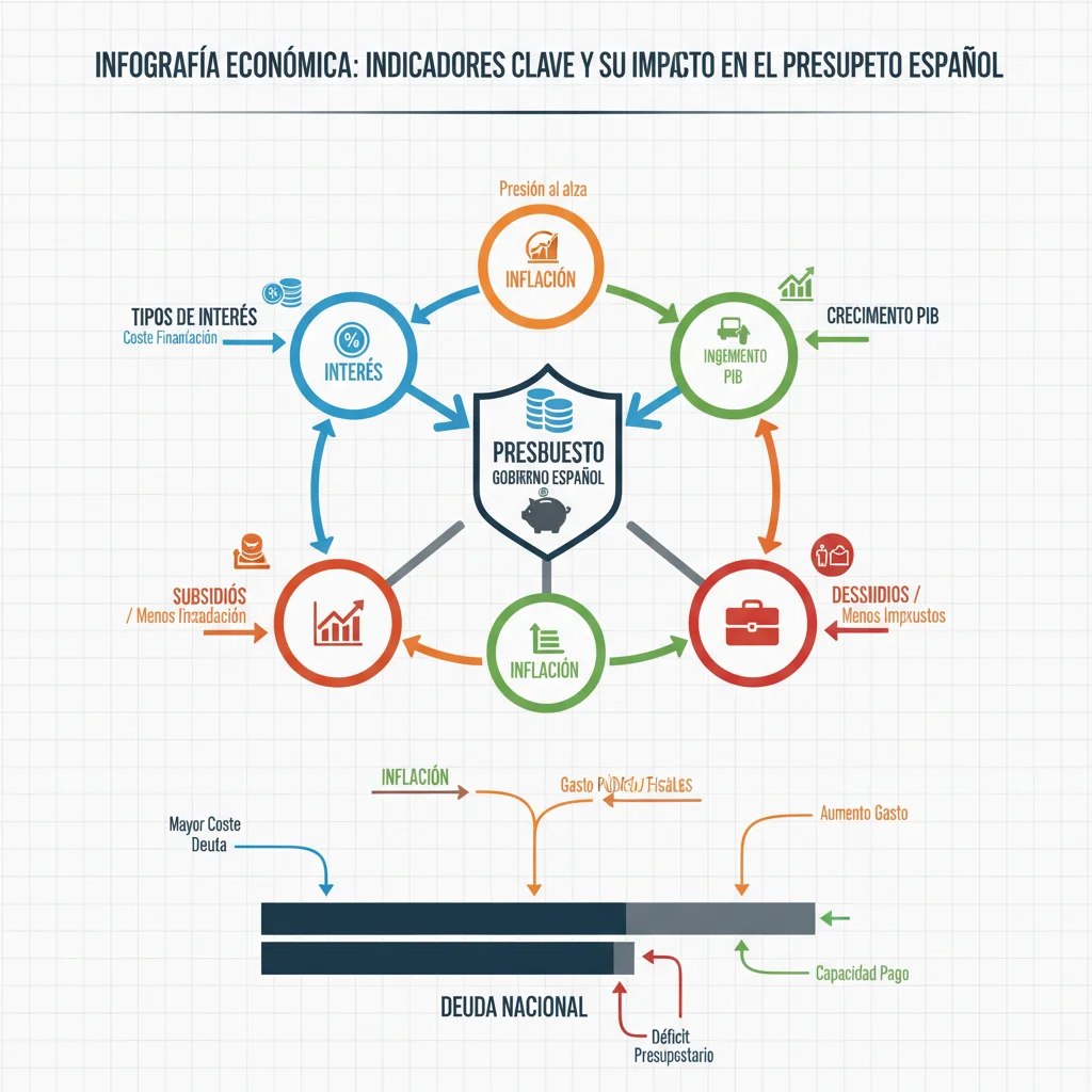 Infografía de factores económicos interconectados que afectan la sostenibilidad de la deuda pública española.