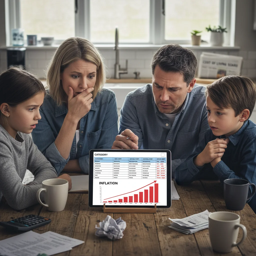 Familia revisando presupuesto doméstico para afrontar la subida del IPC y la inflación.