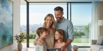 Familia feliz abrazándose, simbolizando la seguridad financiera y protección del hogar con un seguro de vida en 2026.