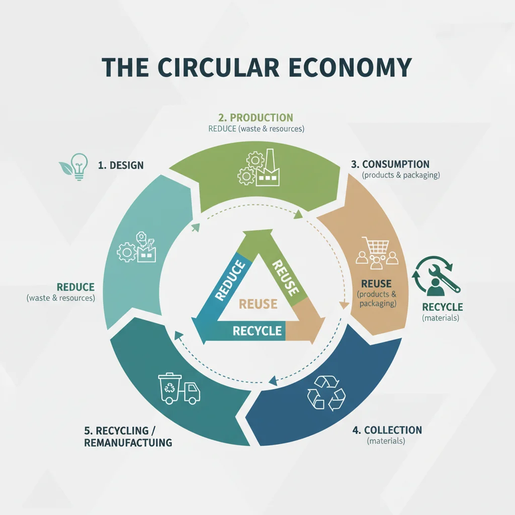 Infografía detallada de las fases de la economía circular: diseño, producción, consumo y reciclaje.