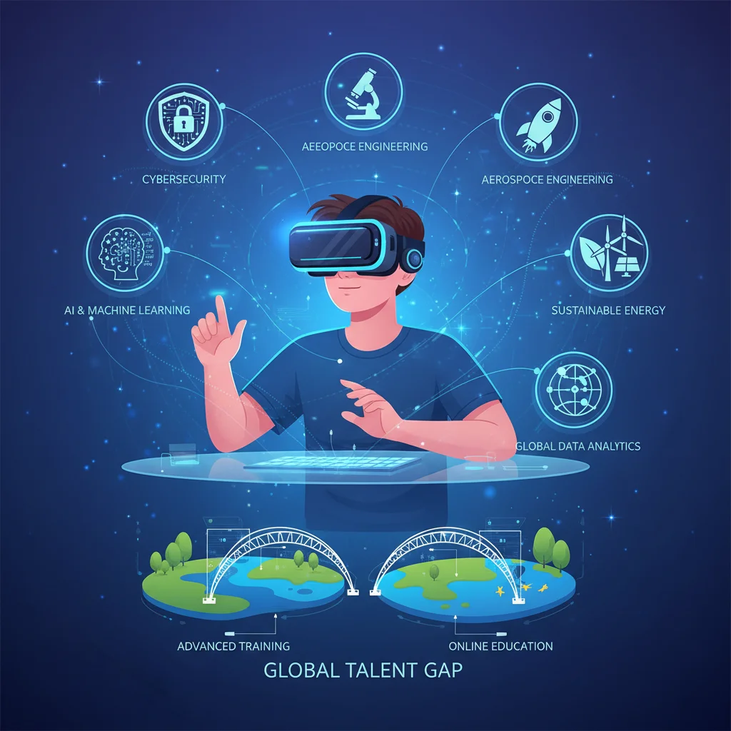 Estudiante con gafas de realidad virtual en un entorno de e-learning, mostrando la importancia de la formación avanzada y online para superar la escasez de talento.